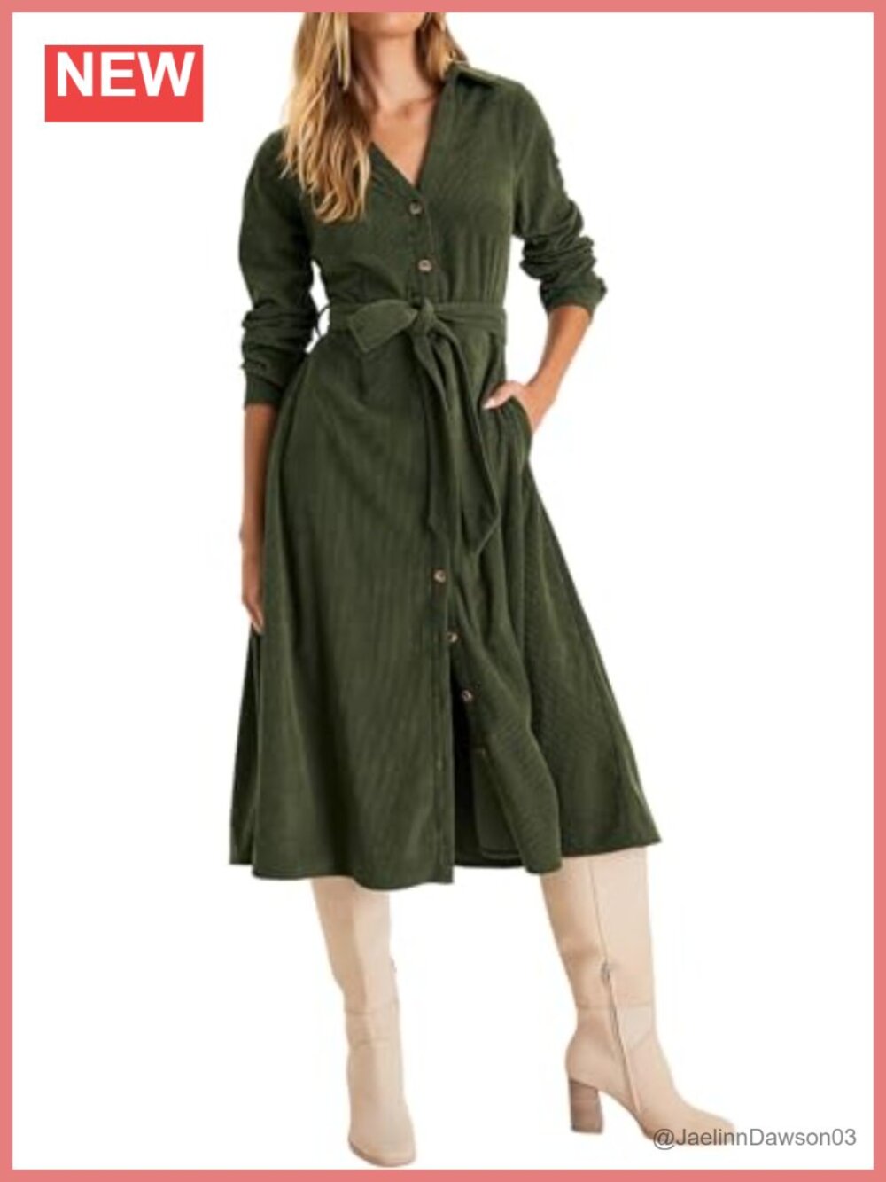 Womens Corduroy Button Down Midi Dress Long Sleeve Belted Fall Winter